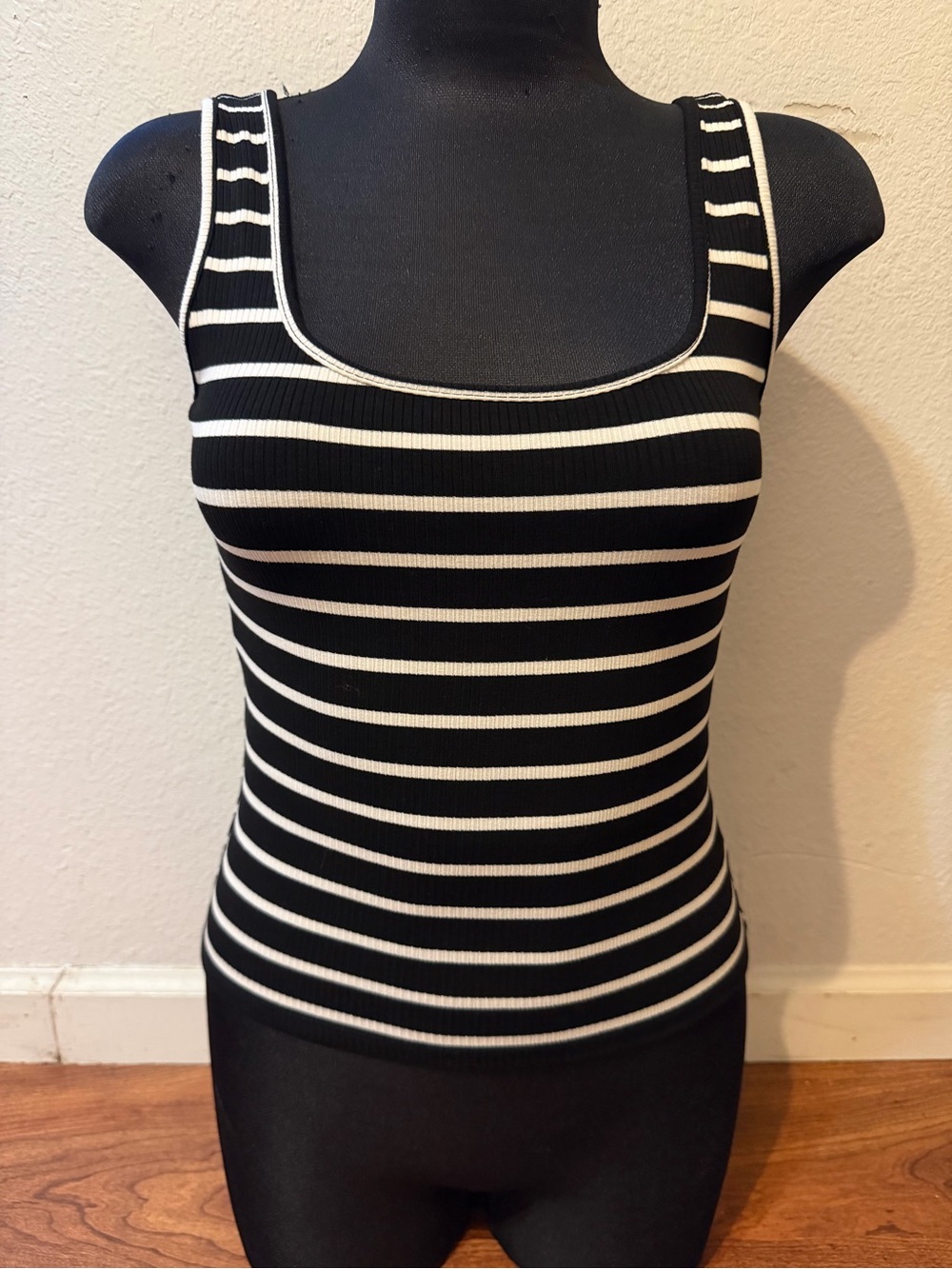 Striped Black & White Ribbed Square-Neck Tank